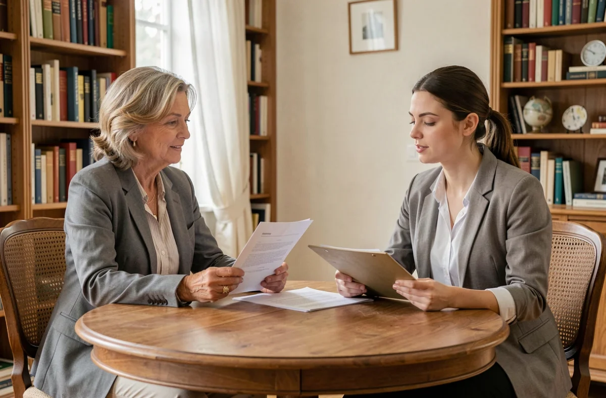 Entretien de recrutement entre une employeuse et une candidate femme de ménage autour d'une table dans une maison de Rambouillet