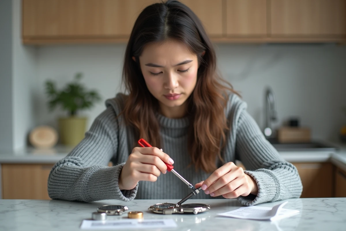 Femme tentant de changer elle-même la pile de sa montre à la maison avec de mauvais outils