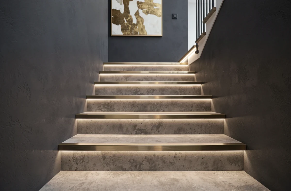 Escalier moderne avec bandeau LED intégré sous chaque marche et mur accent anthracite orné d'une toile abstraite dorée