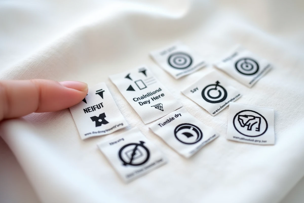 Gros plan sur plusieurs étiquettes de vêtements montrant les symboles de lavage et de séchage au tambour