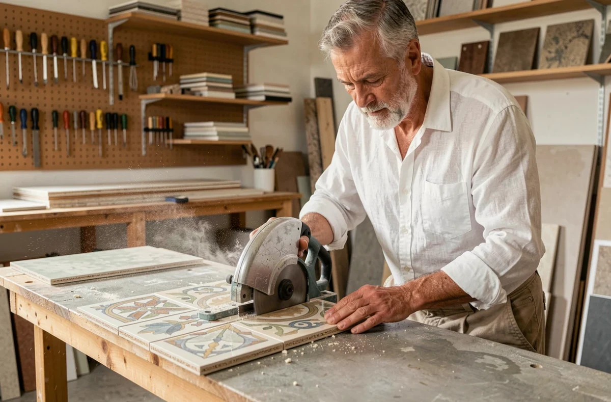 Artisan historique ETS Muller Carrelage découpant un carrelage décoratif dans son atelier du Haut-Rhin