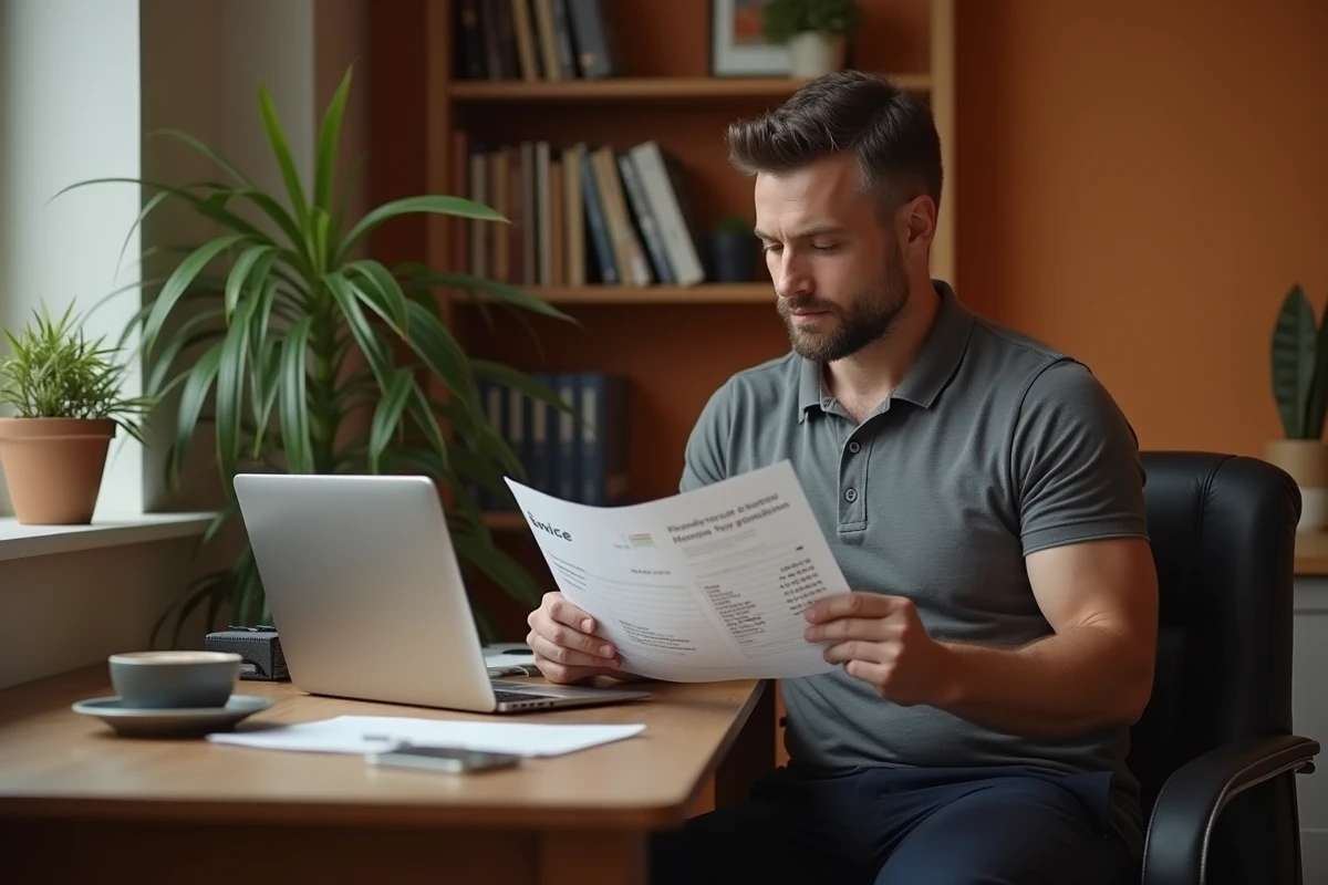 Homme comparant des factures de service ménager sur un bureau à domicile pour évaluer le juste prix horaire d'une femme de ménage