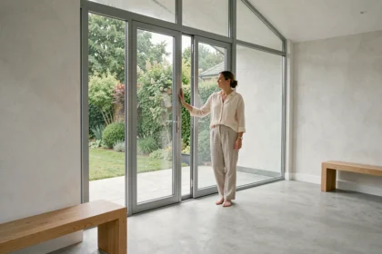 Femme admirant la vue depuis les grandes fenêtres aluminium d'une extension de maison moderne avec sol en béton ciré et jardin verdoyant