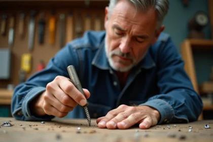 Bricoleur utilisant un extracteur de vis pour retirer une vis foirée d'une planche en bois dans un atelier