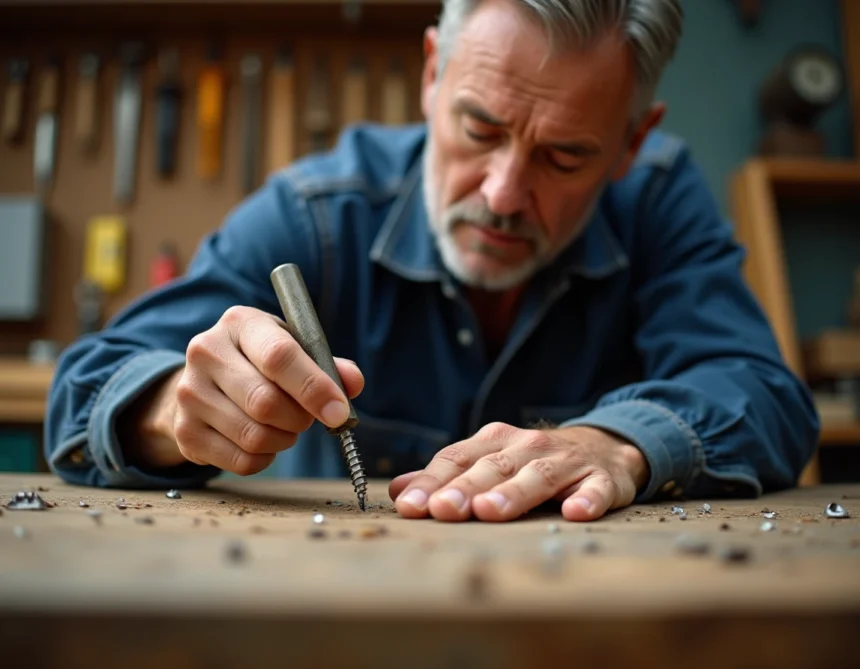 Bricoleur utilisant un extracteur de vis pour retirer une vis foirée d'une planche en bois dans un atelier