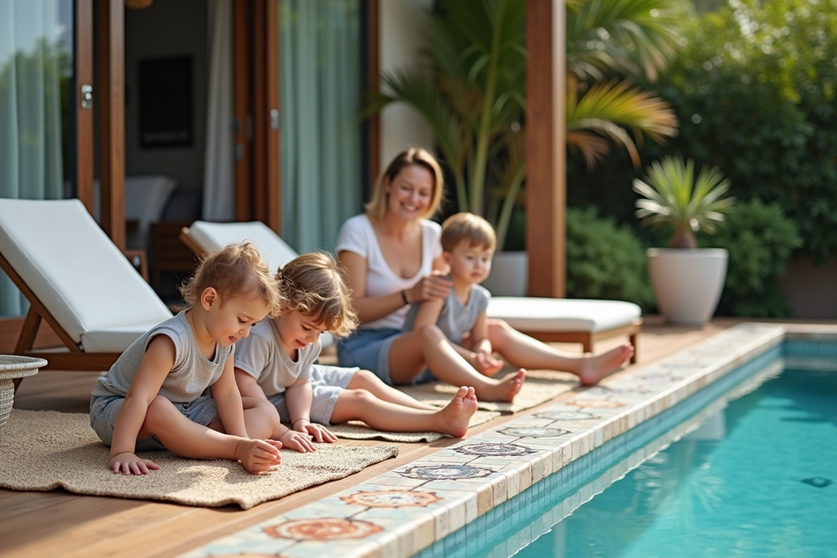 Famille relaxant près de la piscine avec mosaïques décoratives