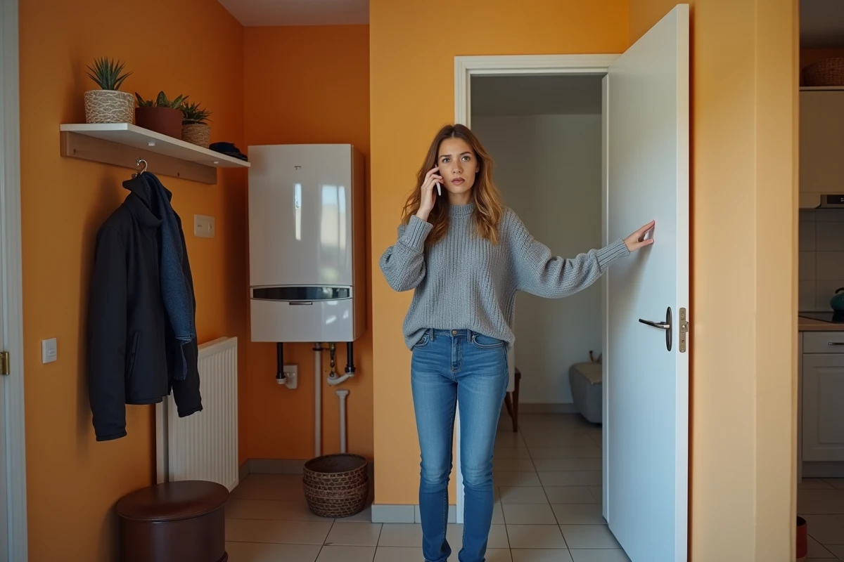 Femme appelant un technicien d'urgence face à une chaudière fioul qui fuit dans son couloir