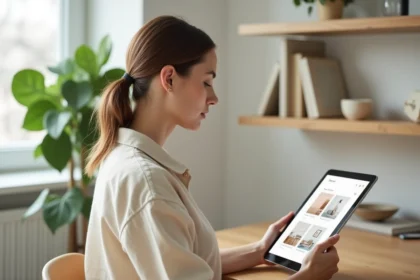 Femme utilisant une application de décoration intérieure sur tablette dans un bureau minimaliste style scandinave