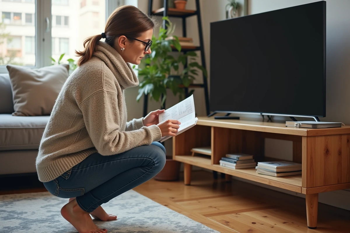Femme âgée assemblant un meuble TV dans son appartement