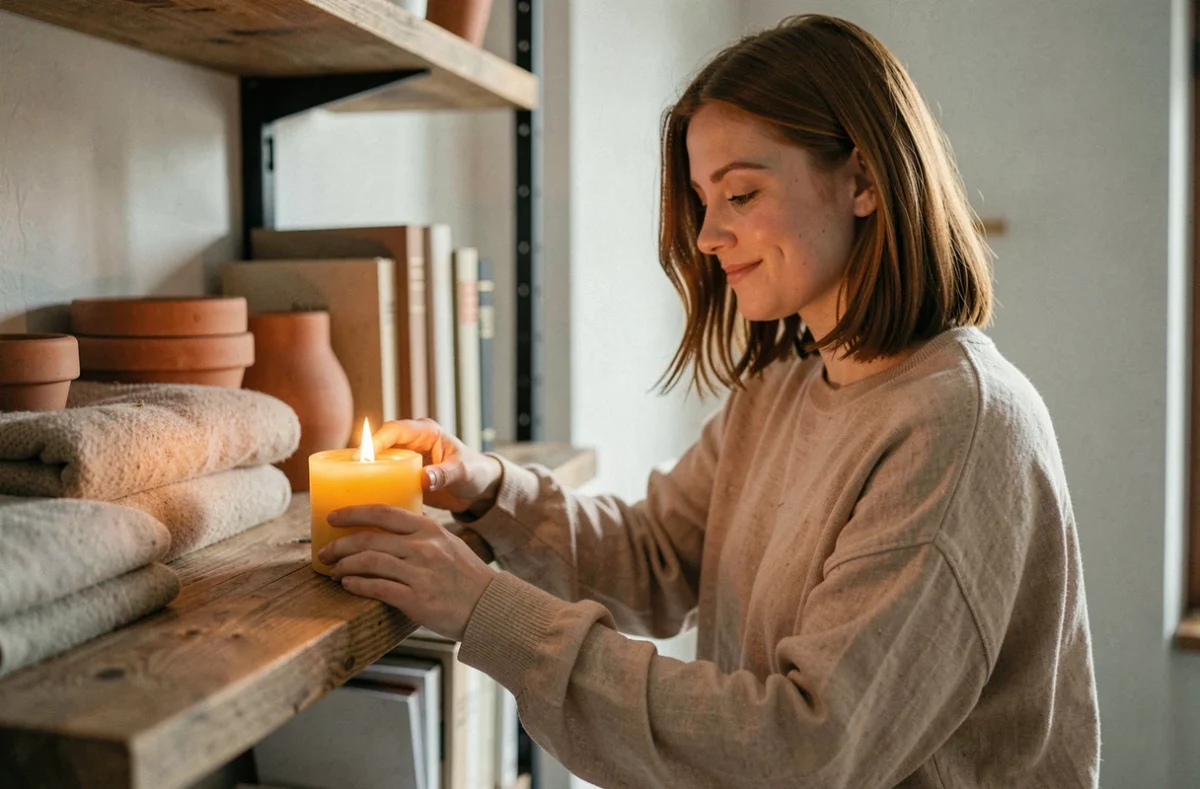 Femme portant un pull en lin déposant une bougie naturelle en cire d'abeille sur une étagère en chêne dans un intérieur cosy et chaleureux