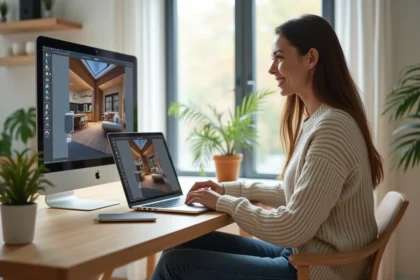 Femme souriante compare deux logiciels 3D maison