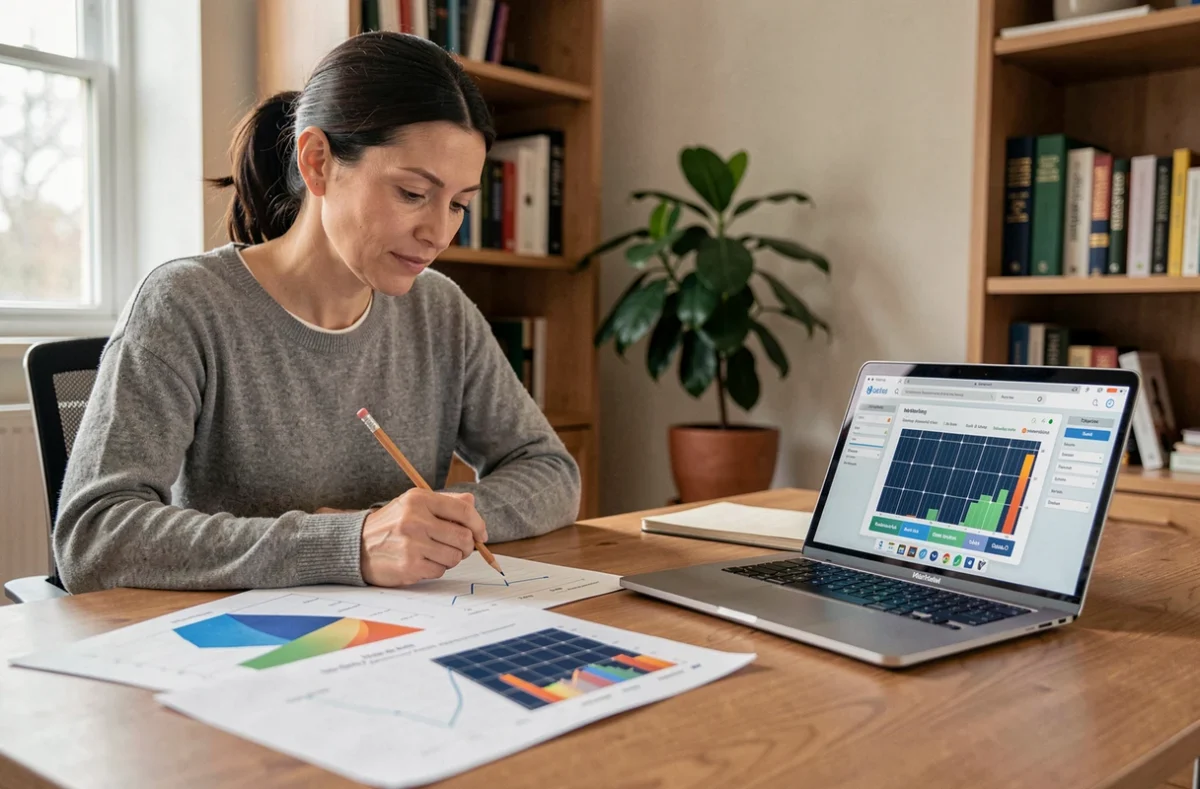 Femme calculant la puissance de panneaux solaires adaptés sur ordinateur portable avec des graphiques d'énergie solaire sur bureau en bois