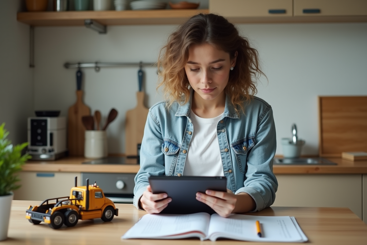Femme utilisant un tablet pour calculs dans la cuisine