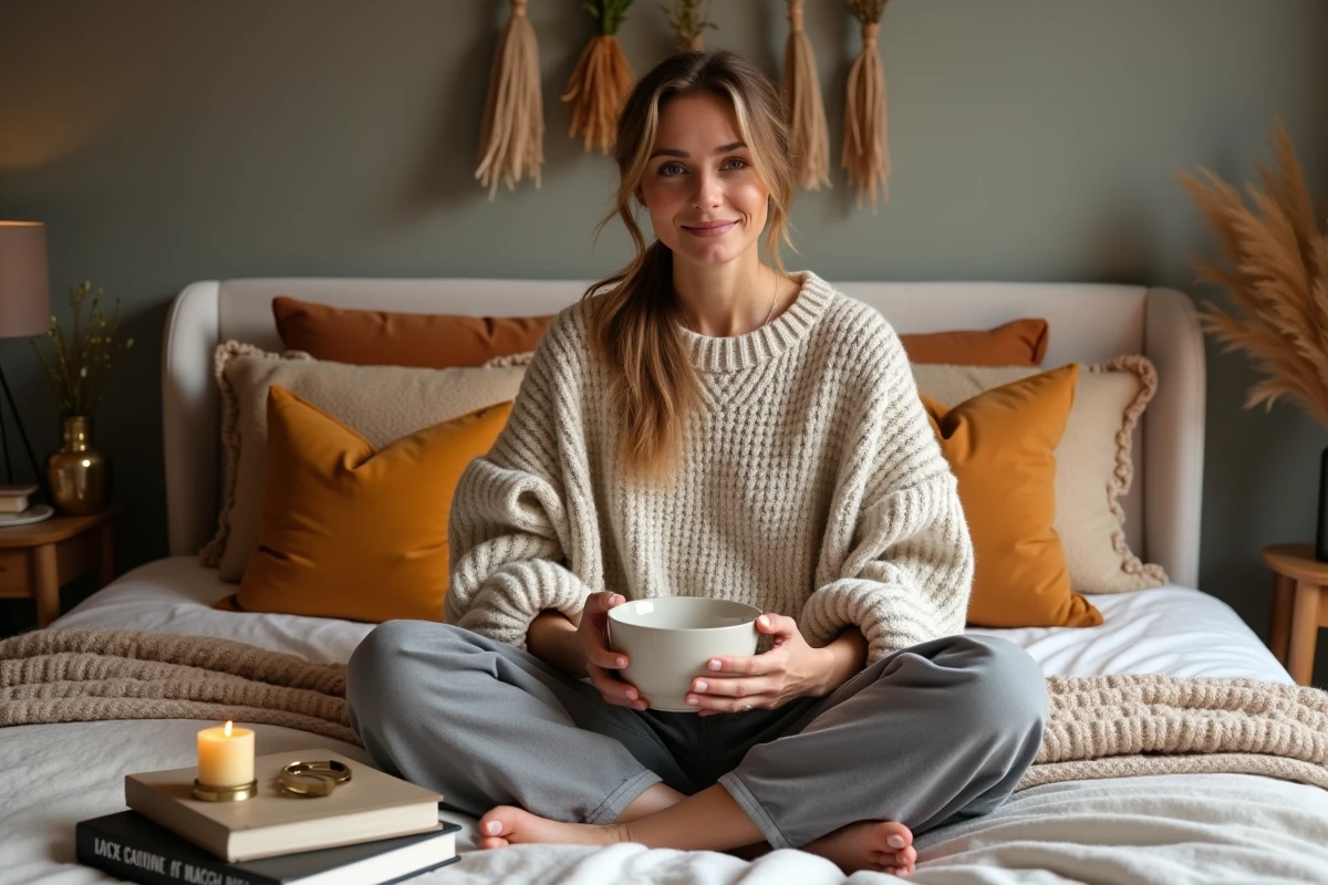Femme détendue dans une chambre décorée hygge, assise sur un lit avec des coussins en moutarde, un plaid tricoté et des accessoires naturels en bois et laiton