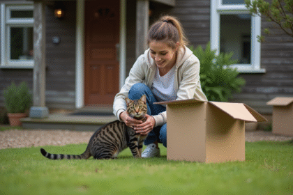 Femme rassurant un chaton sur la pelouse devant une maison