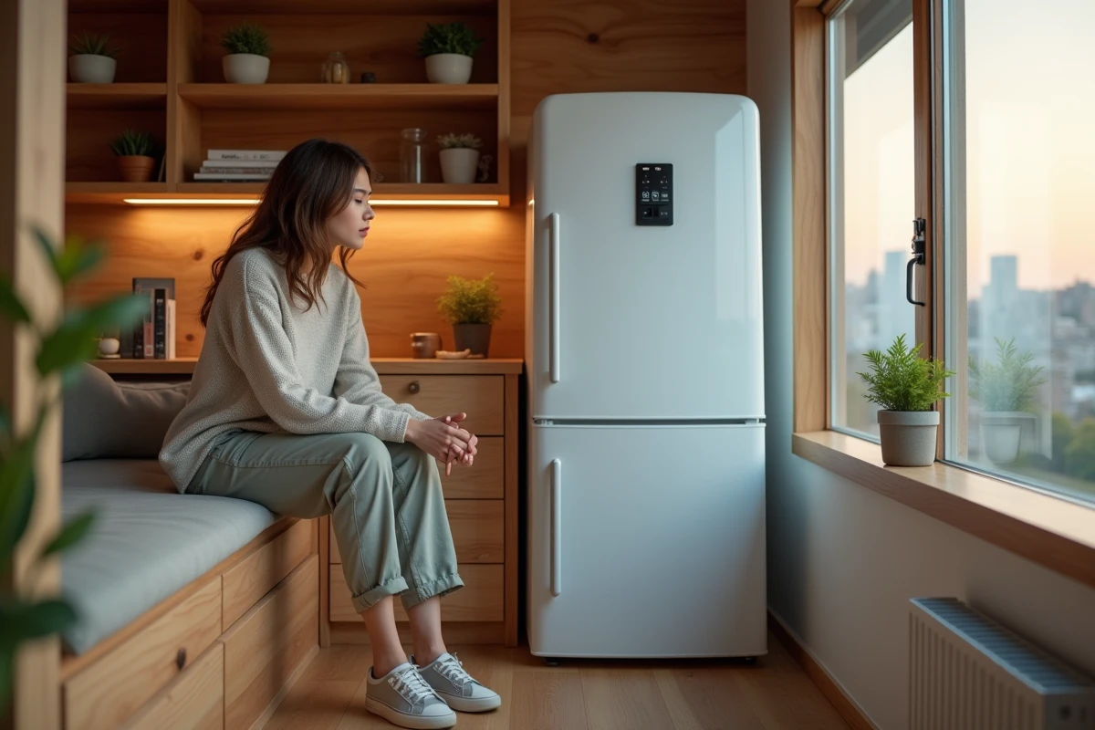 Jeune femme compare deux modèles de réfrigérateurs dans sa maison moderne