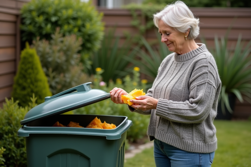 Femme examinant des écorces de fromage pour compostage