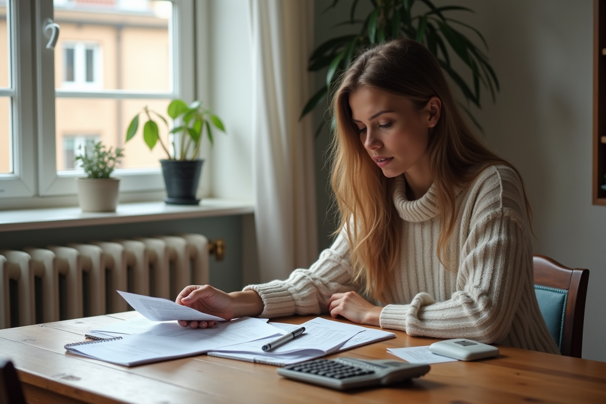 Jeune femme analysant des devis de plomberie à la maison