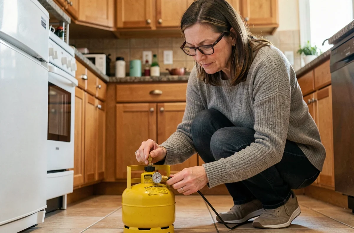 Femme connectant un détendeur butane à une bouteille de gaz portable dans une cuisine domestique en lisant les indications de pression