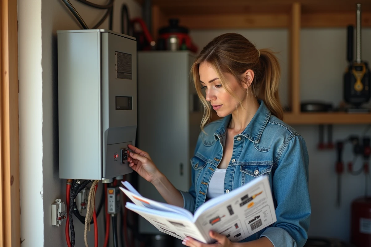 Femme connectant un inverter solaire dans un local technique
