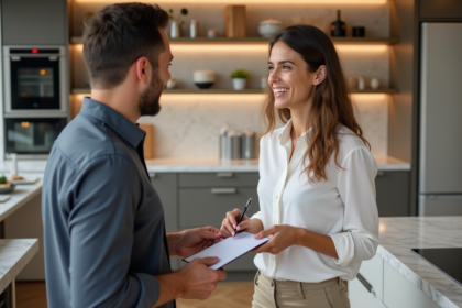 Femme en discussion avec vendeur cuisine dans showroom moderne