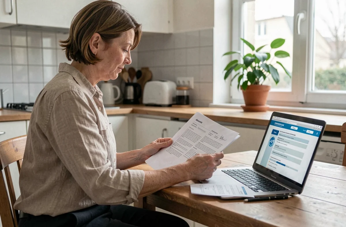 Femme consultant les documents de demande d'aide PAC air-air à son domicile