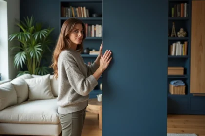 Femme dans un salon moderne près d'un mur bleu foncé