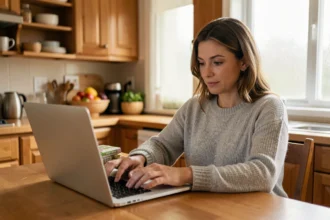 Femme faisant ses courses en ligne sur Carrefour depuis son ordinateur portable dans une cuisine moderne