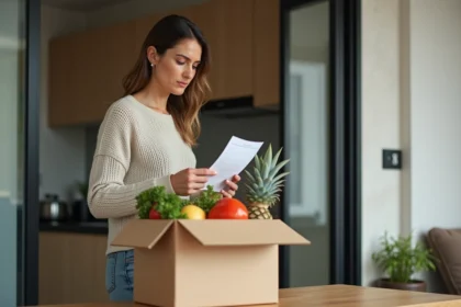 Femme vérifiant son contenu de courses à la porte de son appartement