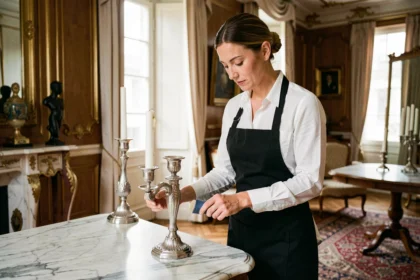 Femme de ménage de luxe polissant un chandelier en argent dans un appartement parisien haut de gamme avec moulures dorées et parquet ancien