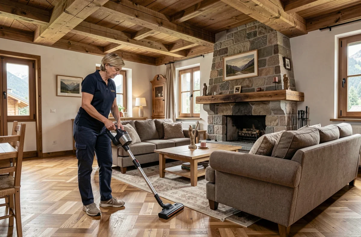 Femme de ménage passant l'aspirateur dans le salon d'un chalet à Annecy