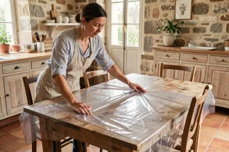 Femme qui déplie une nappe cristal transparente sur une table en bois dans une cuisine rustique française