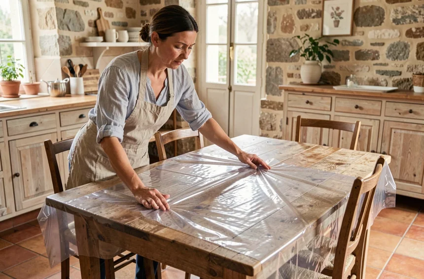 Femme qui déplie une nappe cristal transparente sur une table en bois dans une cuisine rustique française