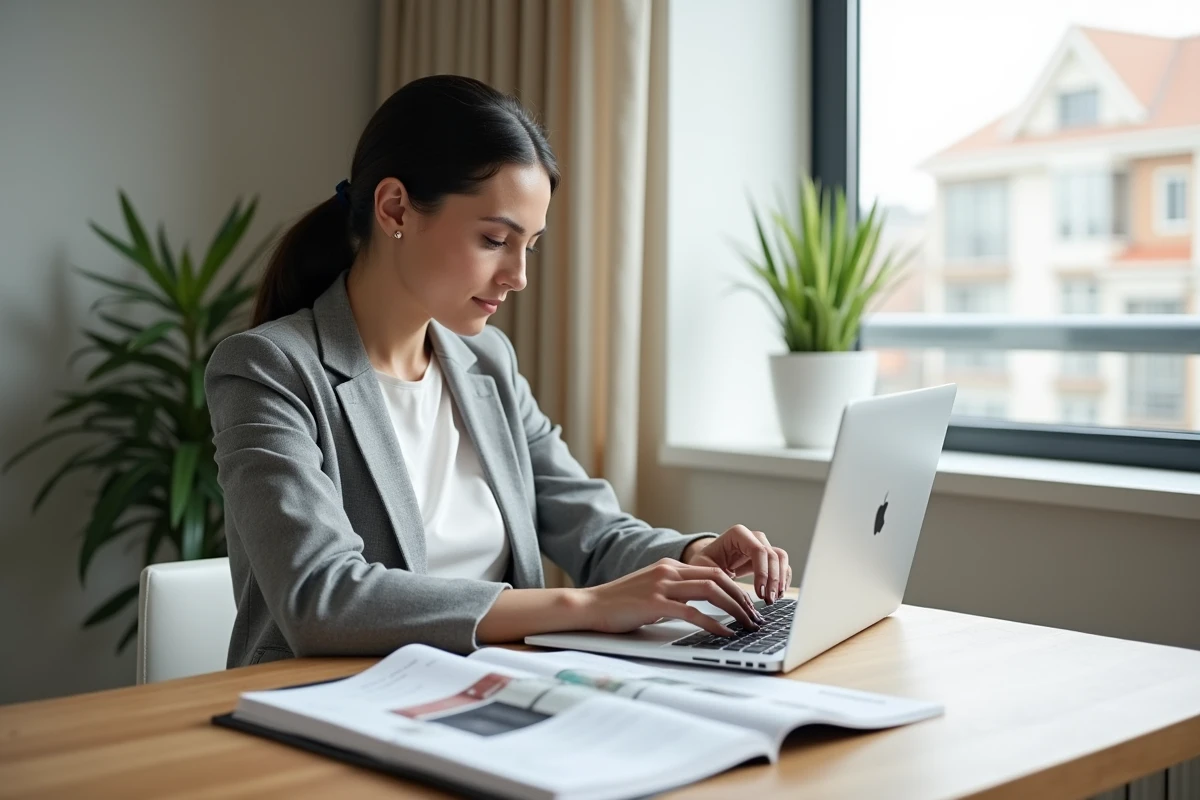 Femme consultant des documents d'assurance habitation avec une brochure de coffre-fort sur la table