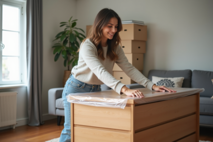 Femme emballant un meuble en plastique dans un appartement