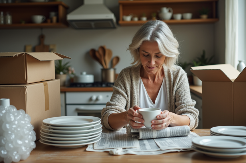 Femme emballant des assiettes en porcelaine dans une cuisine chaleureuse