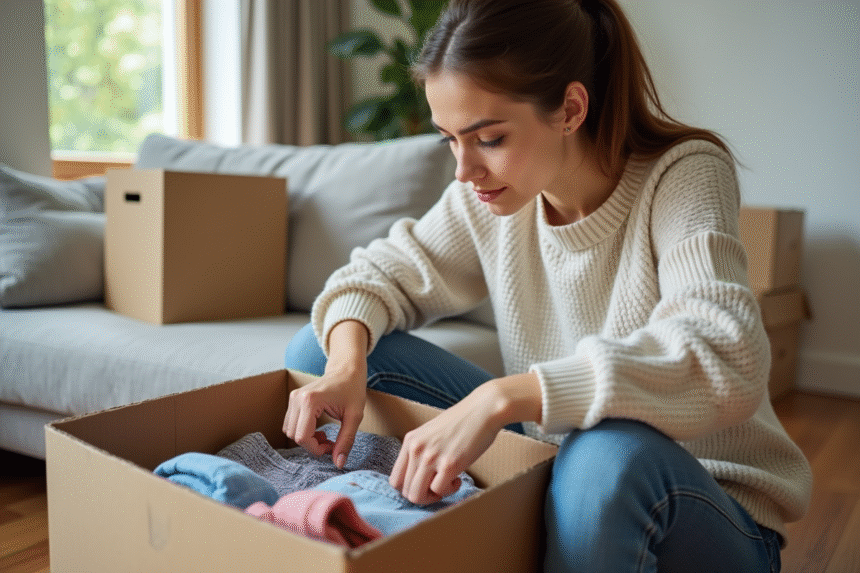 Jeune femme emballant des vêtements dans une boîte