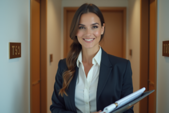 Femme en immobilier tenant un classeur devant une porte d'appartement