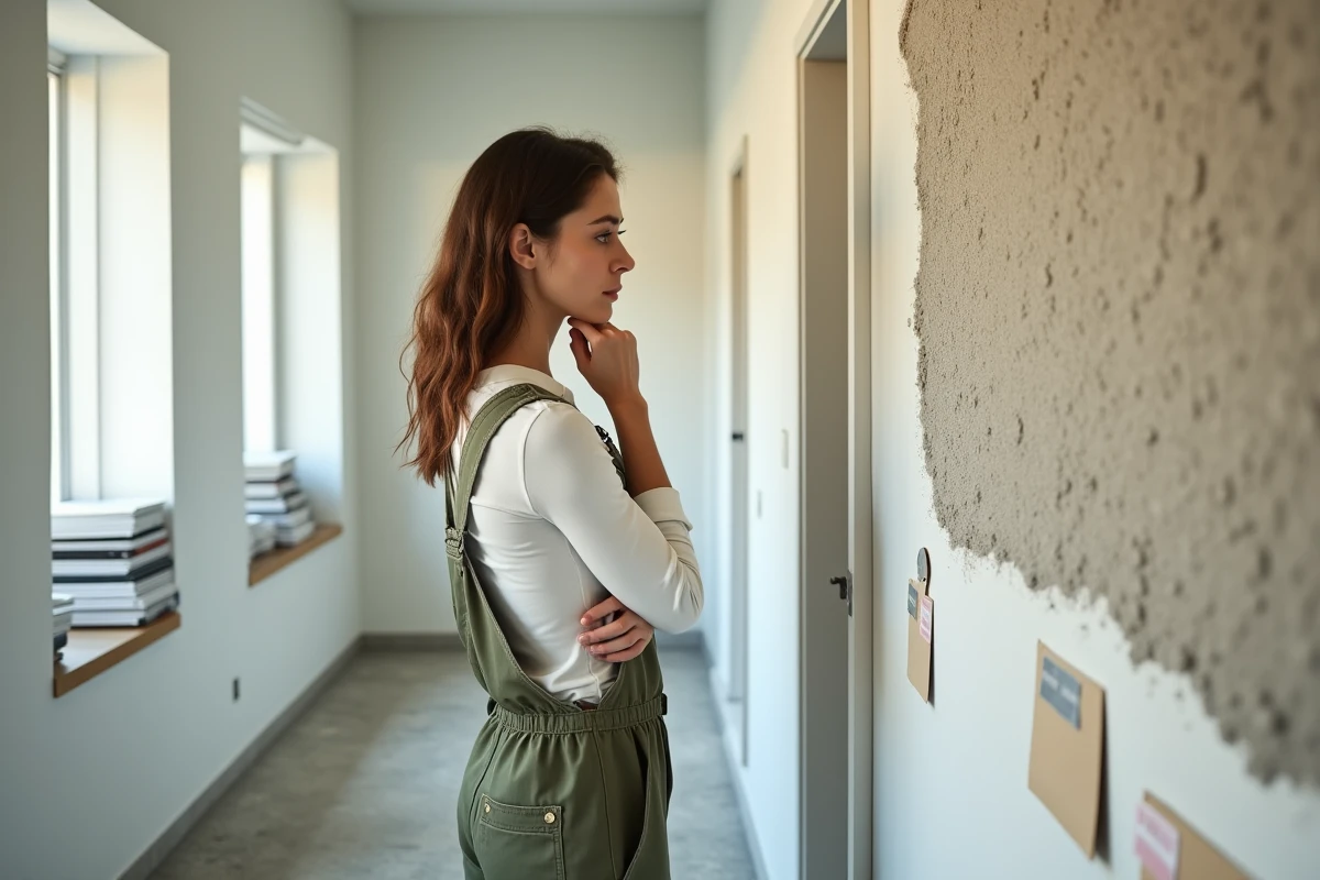 Femme inspectant une finition en enduit map texturé dans un appartement moderne en cours de rénovation intérieure
