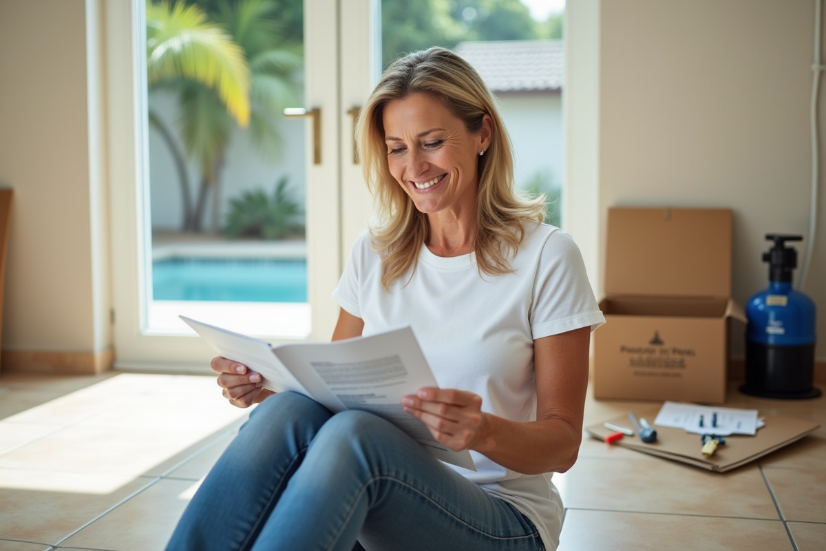 Femme souriante lisant un manuel d