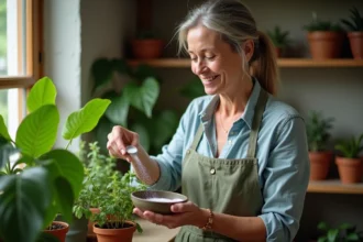 Femme en jardinage avec poudre blanche sur plantes vertes