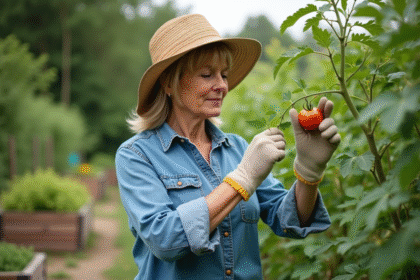 Femme jardinant inspectant des feuilles de tomate