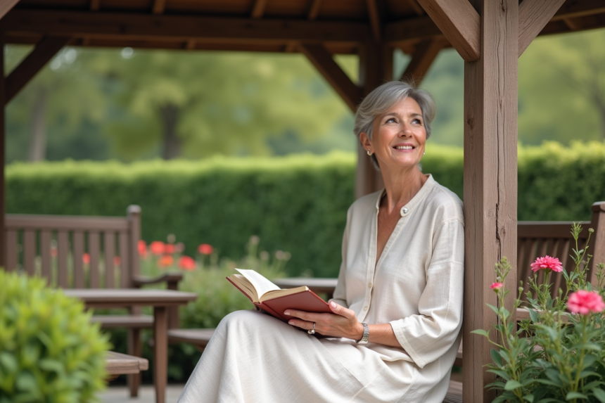 Femme d'âge moyen lisant dans un jardin sous un gazebo en bois