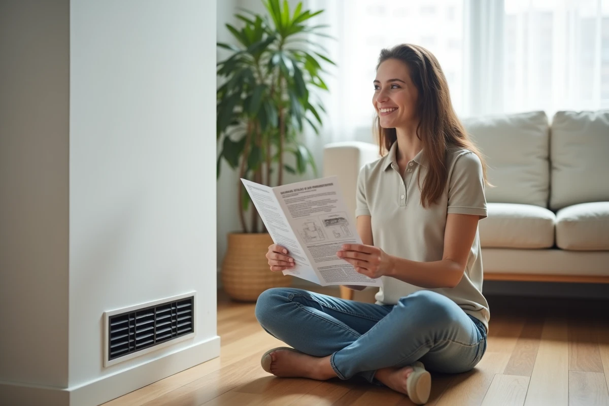 Jeune femme lisant une brochure de maintenance VMC dans son salon