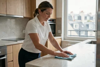 Femme de ménage professionnelle nettoyant un plan de travail dans une cuisine moderne à Lyon