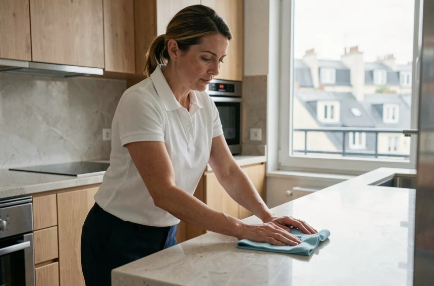 Femme de ménage professionnelle nettoyant un plan de travail dans une cuisine moderne à Lyon