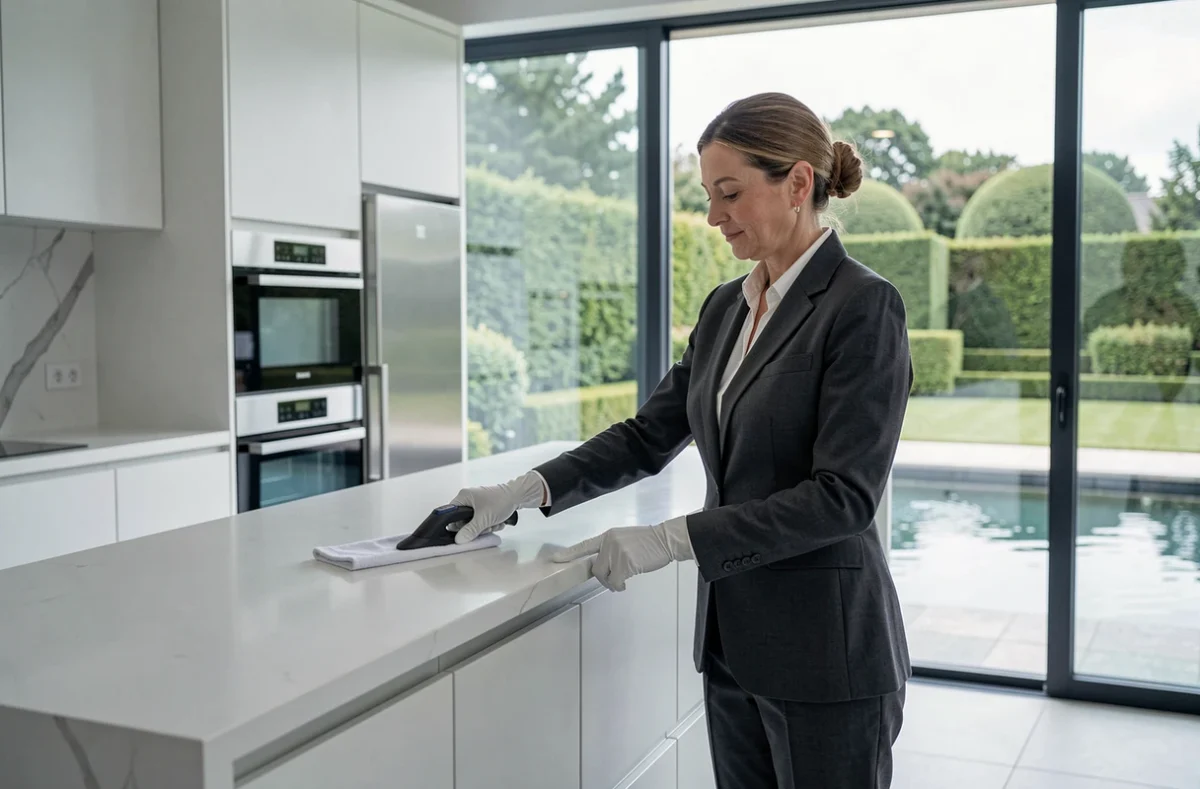 Femme de ménage haut de gamme en gants blancs nettoyant une cuisine contemporaine luxueuse avec vue sur jardin paysager dans une villa moderne