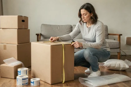 Femme mesurant un carton de déménagement avec un mètre ruban dans un salon en cours de déménagement