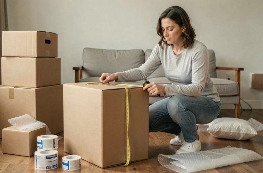 Femme mesurant un carton de déménagement avec un mètre ruban dans un salon en cours de déménagement