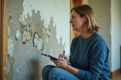 Femme examinant un mur intérieur avec moisissure verte et blanche